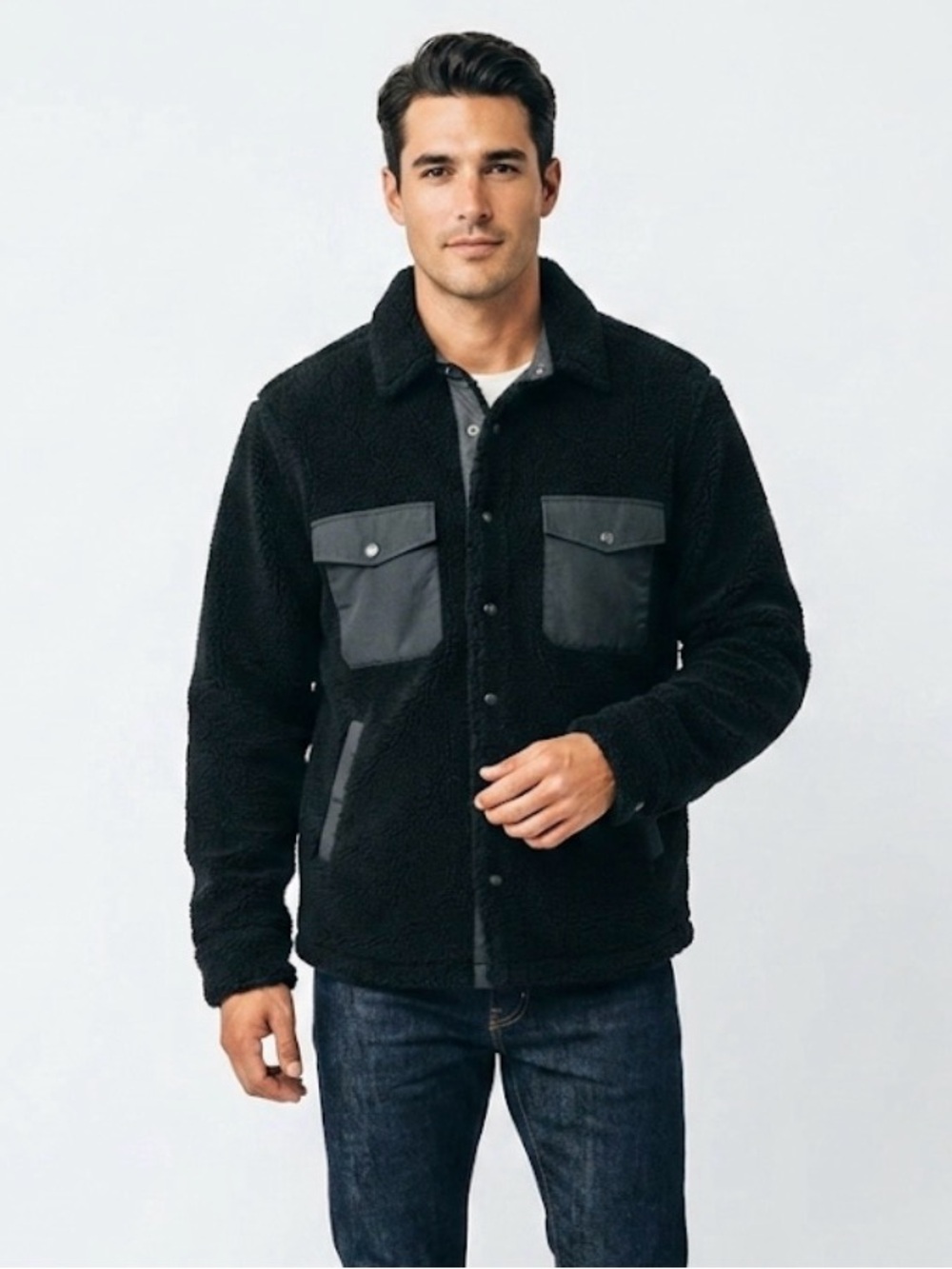Taylor Stitch Mens Timberline Fleece Shirt Jacket 42/Large Black Snap Front